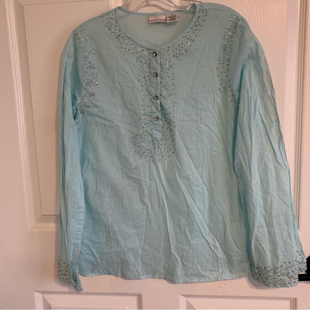 Newport News Light Aqua Beaded Tunic Top 10 Cotton Boho Ethnic Cottagecore Light